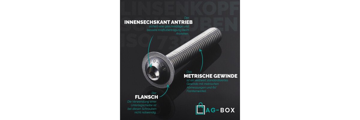 Linsenkopfschrauben mit Flansch ISO 7380 aus Edelstahl A2 für erhöhte Auflagefläche - Linsenkopfschrauben mit Flansch ISO 7380 aus Edelstahl A2 - Mehr Halt, bessere Lastverteilung