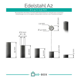 2 Stück Distanzhülse 8x4,2x20 aus Vollmaterial, Edelstahl A2