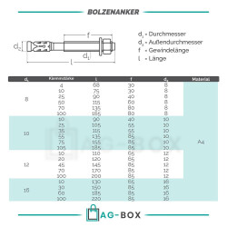 10 Stück Bolzenanker 12,0x10/110 Edelstahl A4