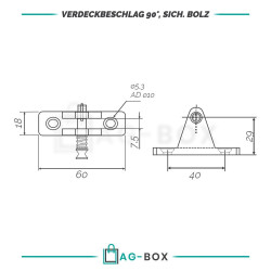 Verdeckbeschlag 90° mit Sicherungsbolzen 60x18x29 mm Edelstahl A4