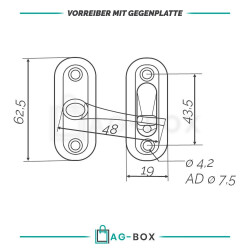 Vorreiber mit Gegenplatte 62,5x19mm Edelstahl A2