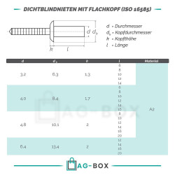 100 Stück Dichtblindnieten mit Flachkopf, gerillter Nietdorn ISO 16585 A2/SSt 4x12