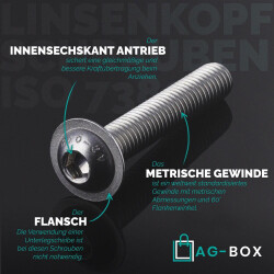 10 Stück Linsenkopfschrauben M6x55/55 mit Flansch ISO 7380, Innensechskant, Vollgewinde, Edelstahl A2