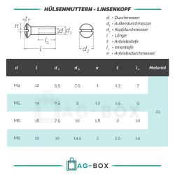 50 Stück Hülsenmuttern M5x14 mit Linsenkopf u. Schlitz Edelstahl A1