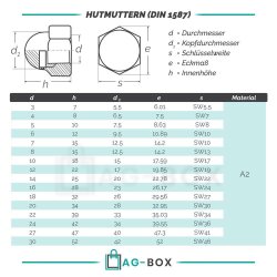 Hutmuttern M3 hohe Form DIN 1587 Edelstahl A2