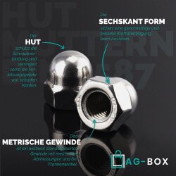 Hutmuttern M8 hohe Form DIN 1587 Edelstahl A2