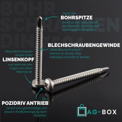 Bohrschrauben 3,9x13 mit Linsenkopf, Form M Pozidriv DIN 7504 Edelstahl A2
