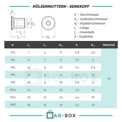 Hülsenmuttern M10x20 mit Senkkopf und Innensechskant Edelstahl A1