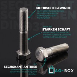 Sechskantschrauben M16x80 mit Schaft DIN 931 Edelstahl A2
