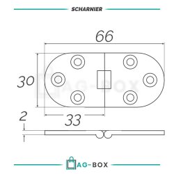 Scharnier, 180° - Edelstahl A4  66x30mm