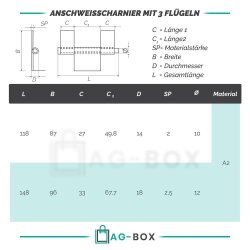 Anschweisscharnier 118mm Edelstahl A2